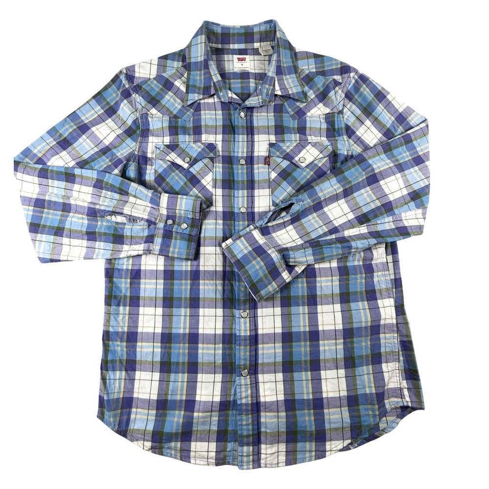 Levi's Western Shirt Mens Medium Blue Plaid Standard Fit Pearl Snap Long Sleeve